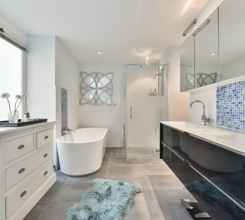 Luxury interior design of a bathroom with marble walls